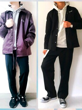 「アイテム（カバーオール、レッド系）」を使った、くっちーさん（メンズ・166cm）の春コーディネート