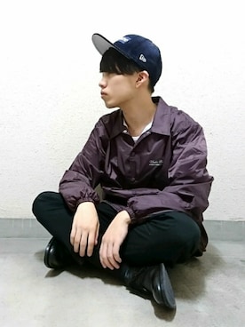 「アイテム（カバーオール、レッド系）」を使った、くっちーさん（メンズ・166cm）の秋コーディネート