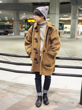 「ニットキャップ」｜「アイテム（ダッフルコート）」を使った、くっちーさん（メンズ・166cm）の冬コーディネート