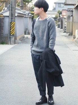 「abahouse」｜「アイテム（チェスターコート）」を使った、くっちーさん（メンズ・166cm）の冬コーディネート
