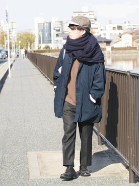 「Hender Scheme（エンダースキーマ）のアイテム（キャップ）」を使った、くっちーさん（メンズ・166cm）の冬コーディネート