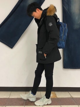 「RESOUND CLOTHING （リサウンドクロージング）のアイテム（ジャケット/アウター、ブラック系）」を使った、ヒカル  さん（メンズ・180cm）の冬コーディネート