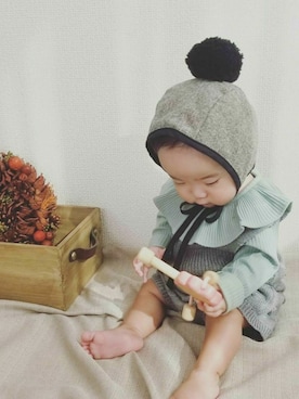 「アイテム（ロンパース、グリーン系）」を使った、natsumeina⁕さん（キッズ・70cm）の冬コーディネート