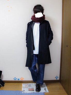 「unrelaxing（アンリラクシング）のアイテム（ステンカラーコート）」を使った、りゅたさん（メンズ・175cm）の冬コーディネート