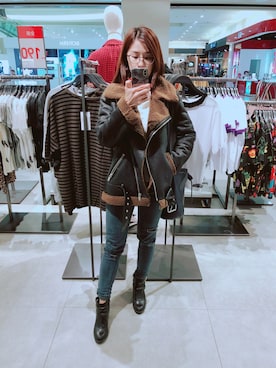 「FOREVER 21」｜「アイテム（ライダースジャケット）」を使った、Cathy/千千さん（レディース・157cm）の冬コーディネート