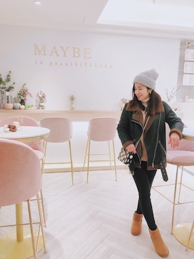 「FOREVER 21」｜「アイテム（ライダースジャケット）」を使った、Cathy/千千さん（レディース・157cm）の冬コーディネート