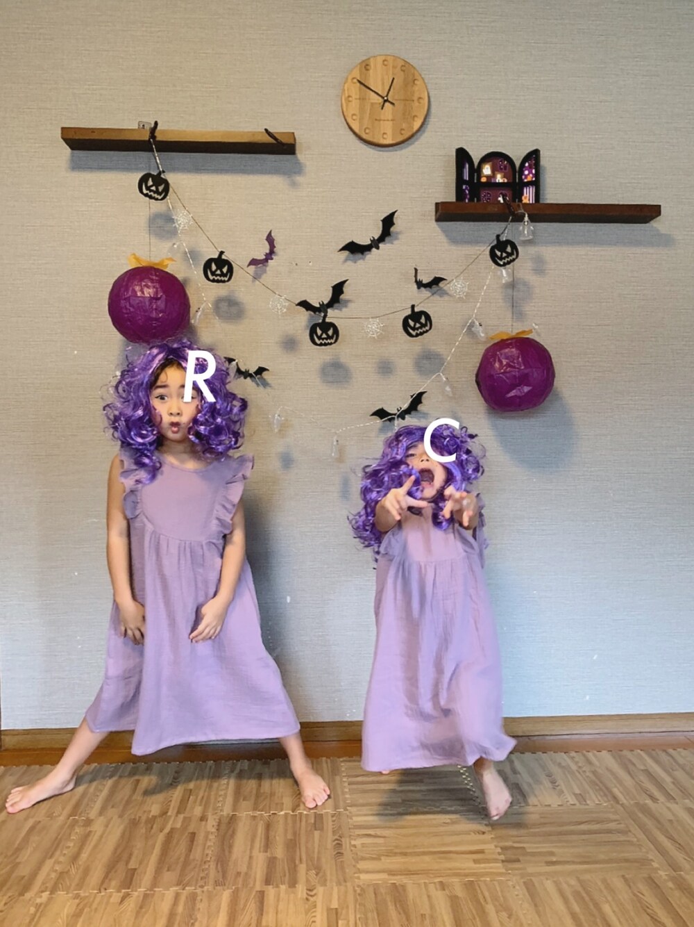 「ハロウィン、wearhalloween2019、アレグラ、sister、姉妹」｜「pairmanonのアイテム（ワンピース、パープル系）」を使った、csmmさん（キッズ・110cm）の秋コーディネートの1枚目の写真