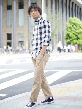 Giordano ペイント七分袖チェックシャツを使ったメンズ人気ファッションコーディネート Wear