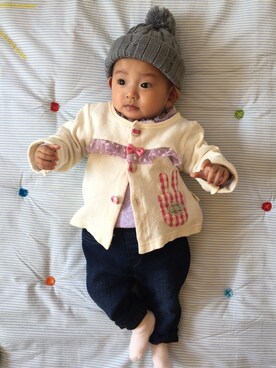 「GAP（ギャップ）の1969 マイ ファースト レギンス ジーンズ (ベビー)（デニムパンツ）」を使った、Emmieさん（キッズ・60cm）の冬コーディネート