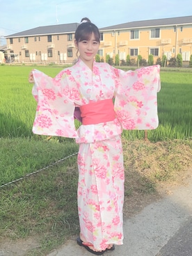 「GRL（グレイル）のアイテム（浴衣、ピンク系）」を使った、結原弓愛さん（レディース・160cm）の夏コーディネート