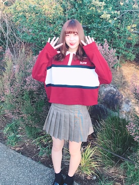 「WEGO（ウィゴー）のアイテム（ポロシャツ、レッド系）」を使った、結原弓愛さん（レディース・160cm）の秋コーディネート