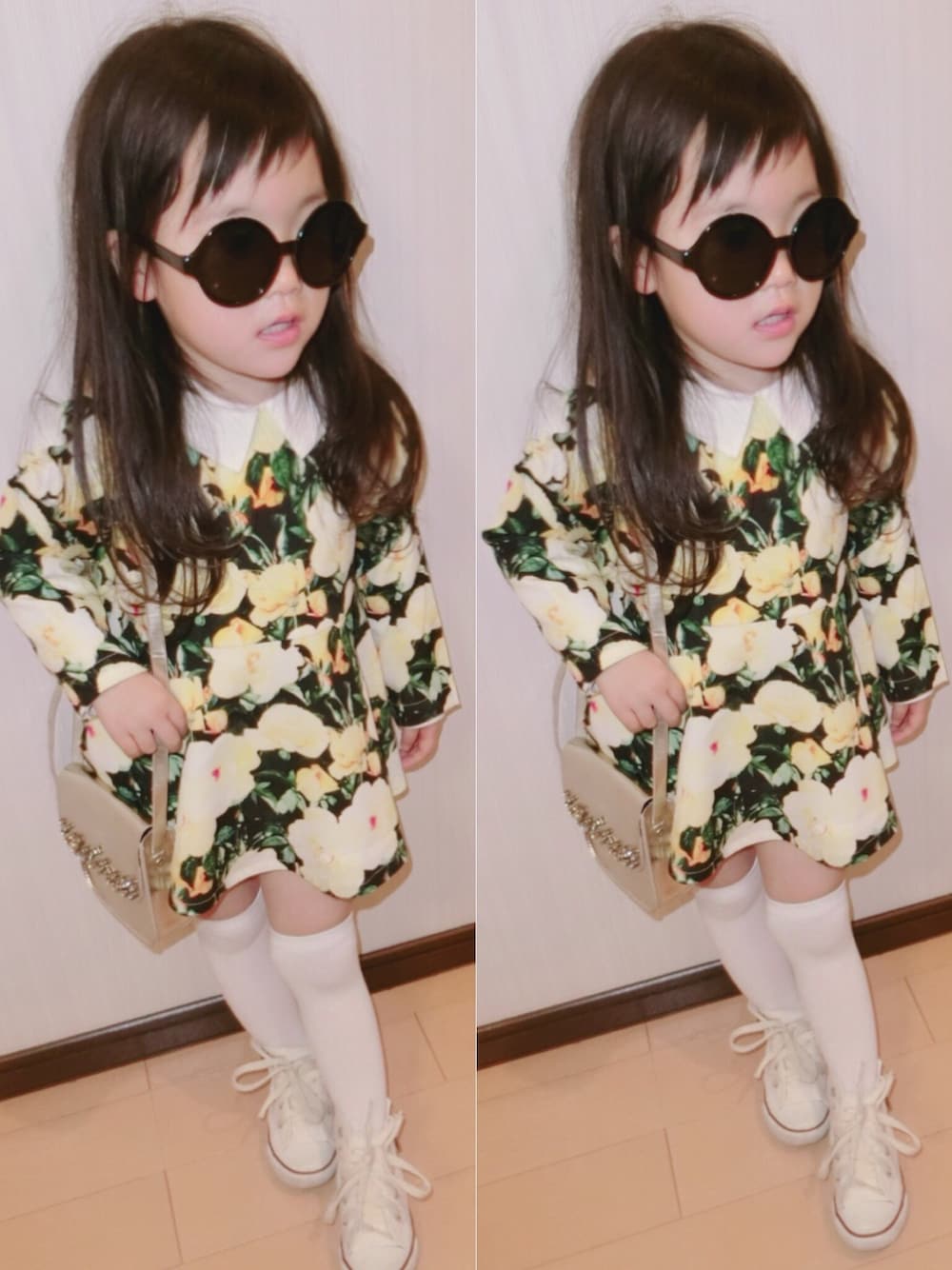 「女の子コーデ、サングラス、ニーハイソックス、白ソックス、花柄ワンピース、春コーデ、春色、西松屋、花柄」｜「SISTER JENNIのアイテム（ワンピース、その他）」を使った、reomamaさん（キッズ・90cm）の春コーディネートの1枚目の写真