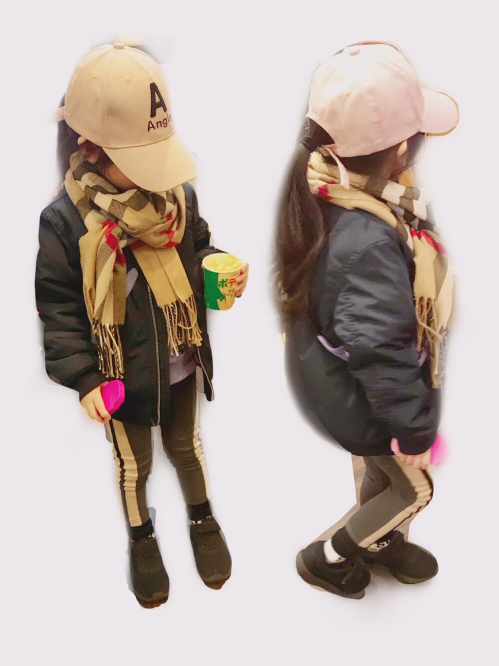 「レギンス、ラインパンツ、MA-1、キャップ、マフラー、チェック、NIKE、スニーカー、5歳、カジュアル」｜「H&Mのアイテム（MA-1、ブルー系）」を使った、reomamaさん（キッズ・100cm）の冬コーディネートの1枚目の写真