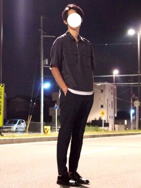 「STUDIOUS（ステュディオス）のSTUDIOUS マルチストレッチキューダスパンツ（スラックス、ブルー系）」を使った、ぽろくんさん（メンズ・185cm）の夏コーディネート