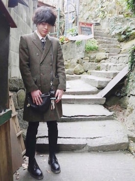 「LAD MUSICIAN（ラッドミュージシャン）のアイテム（チェスターコート）」を使った、たきのこさん（メンズ・174cm）の冬コーディネート