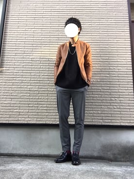 「クルーネック」｜「アイテム（ブルゾン）」を使った、KOKIさん（メンズ・180cm）の冬コーディネート