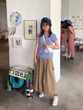 「marimekko（マリメッコ）のアイテム（Tシャツ/カットソー、ブルー系）」を使った、ananさん（レディース・159cm）の夏コーディネート
