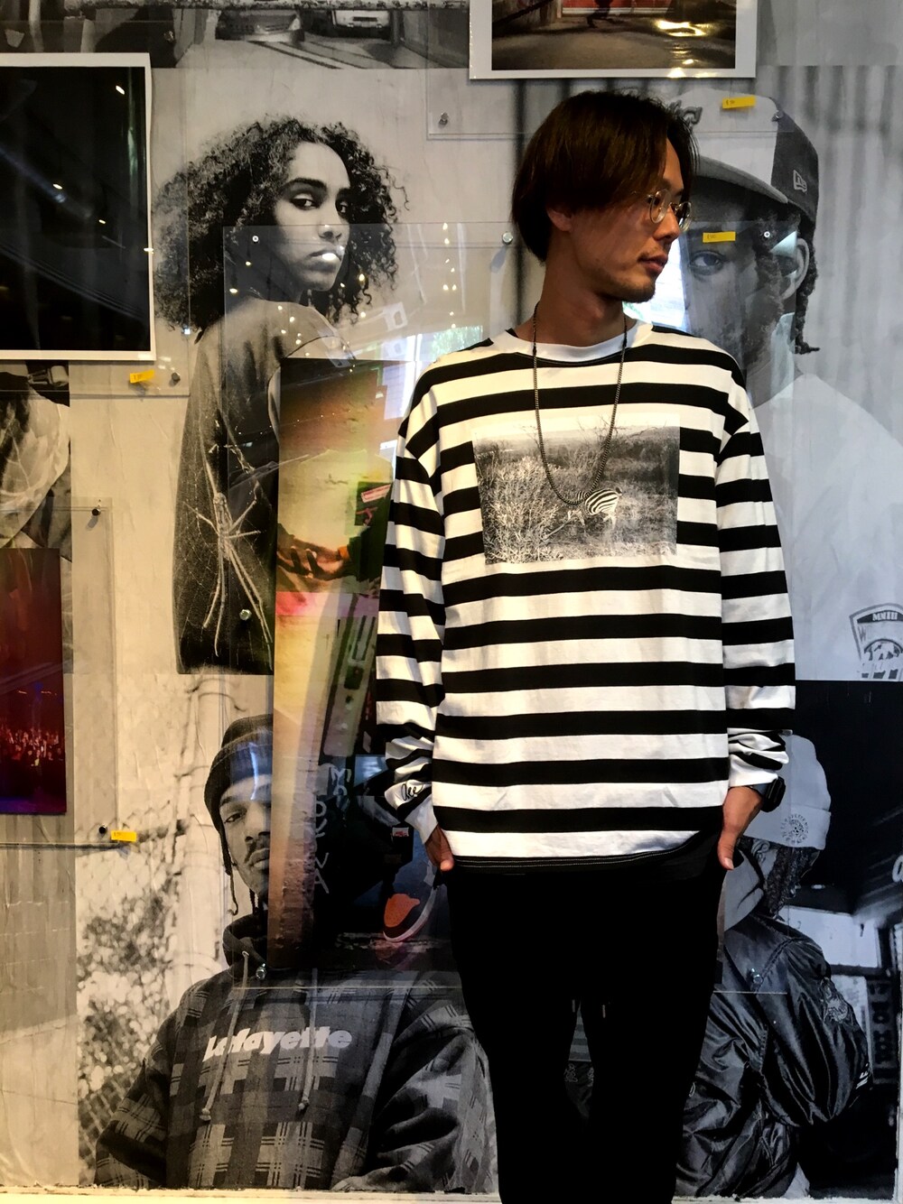 「lafayette、PRIVILEGE、dee、モノトーン、ストリート」｜「LafayetteのLafayette × dee - ZEBRA BORDER L/S TEE（Tシャツ/カットソー、ホワイト系）」を使った、PRIVILEGE CREWさん（メンズ・182cm）の夏コーディネートの1枚目の写真