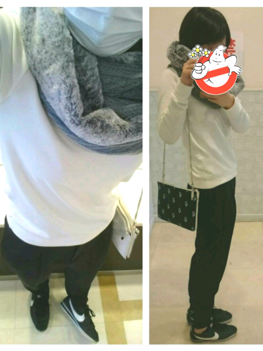 「シンプル」｜「NIKEのNIKE / クラシックコルテッツ ナイロン（807472-011）（スニーカー、ブラック系）」を使った、よっかちゃんさん（レディース・159cm）の冬コーディネートの1枚目の写真