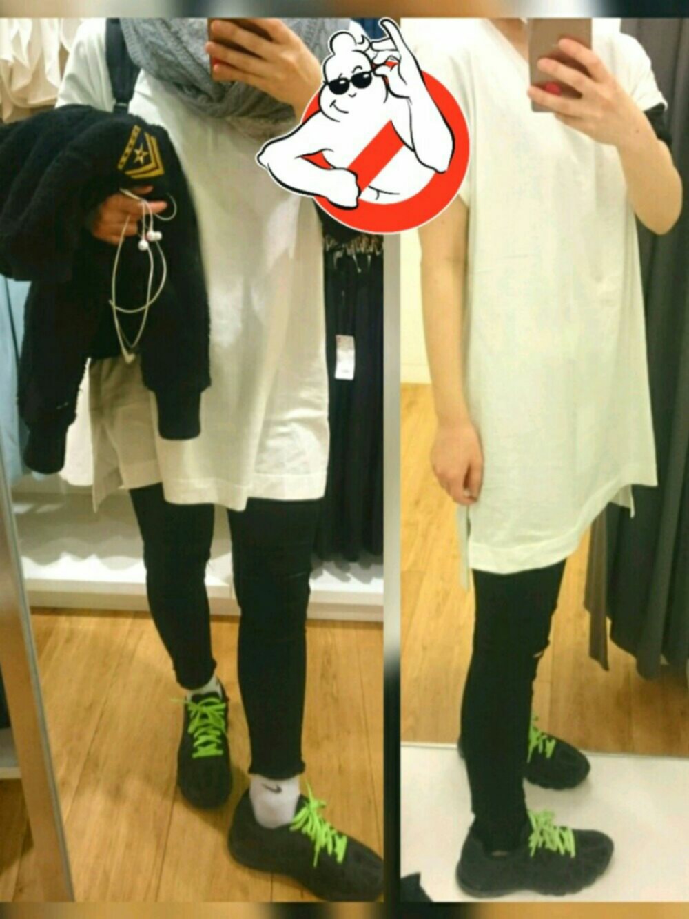 「休日スタイル、ラフ、はるコーデ、ユニクロ、スニーカー、NIKE、NIKE AIR MAX、ビックシルエット、メンズサイズ、半袖シャツ」｜「UNIQLOのWOMEN リブクルーネックT（半袖）（Tシャツ/カットソー、ホワイト系）」を使った、よっかちゃんさん（レディース・159cm）の冬コーディネートの1枚目の写真