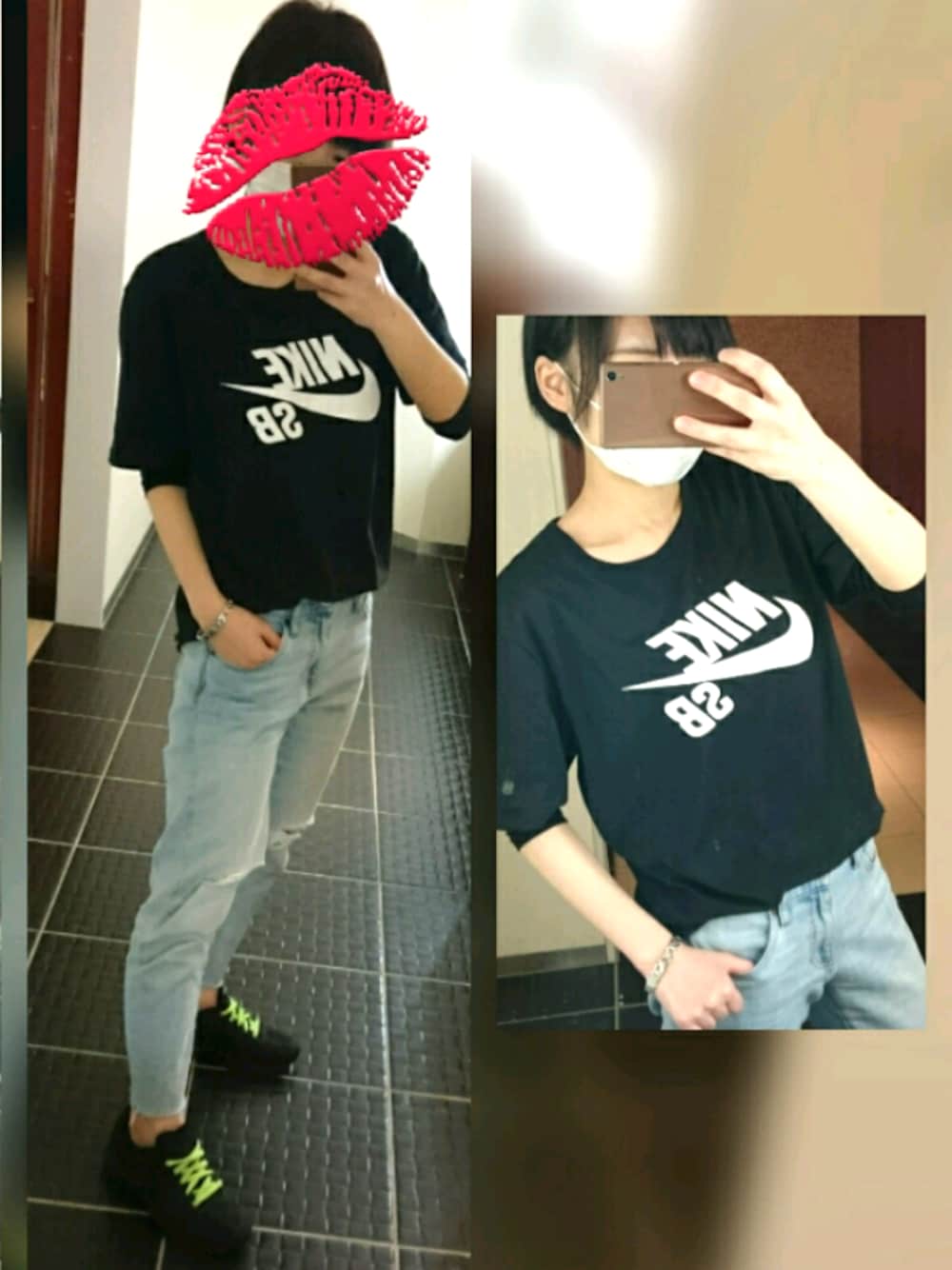 「パンツスタイル、デニムパンツ、NIKE AIR MAX、nike sb 、ユニクロ、UNIQLO、ボーイッシュ、ダメージデニムパンツ」｜「NIKEのNIKE(ナイキ)/court SB dri fit logo t-shirt（Tシャツ/カットソー、ブラック系）」を使った、よっかちゃんさん（レディース・159cm）の春コーディネートの1枚目の写真