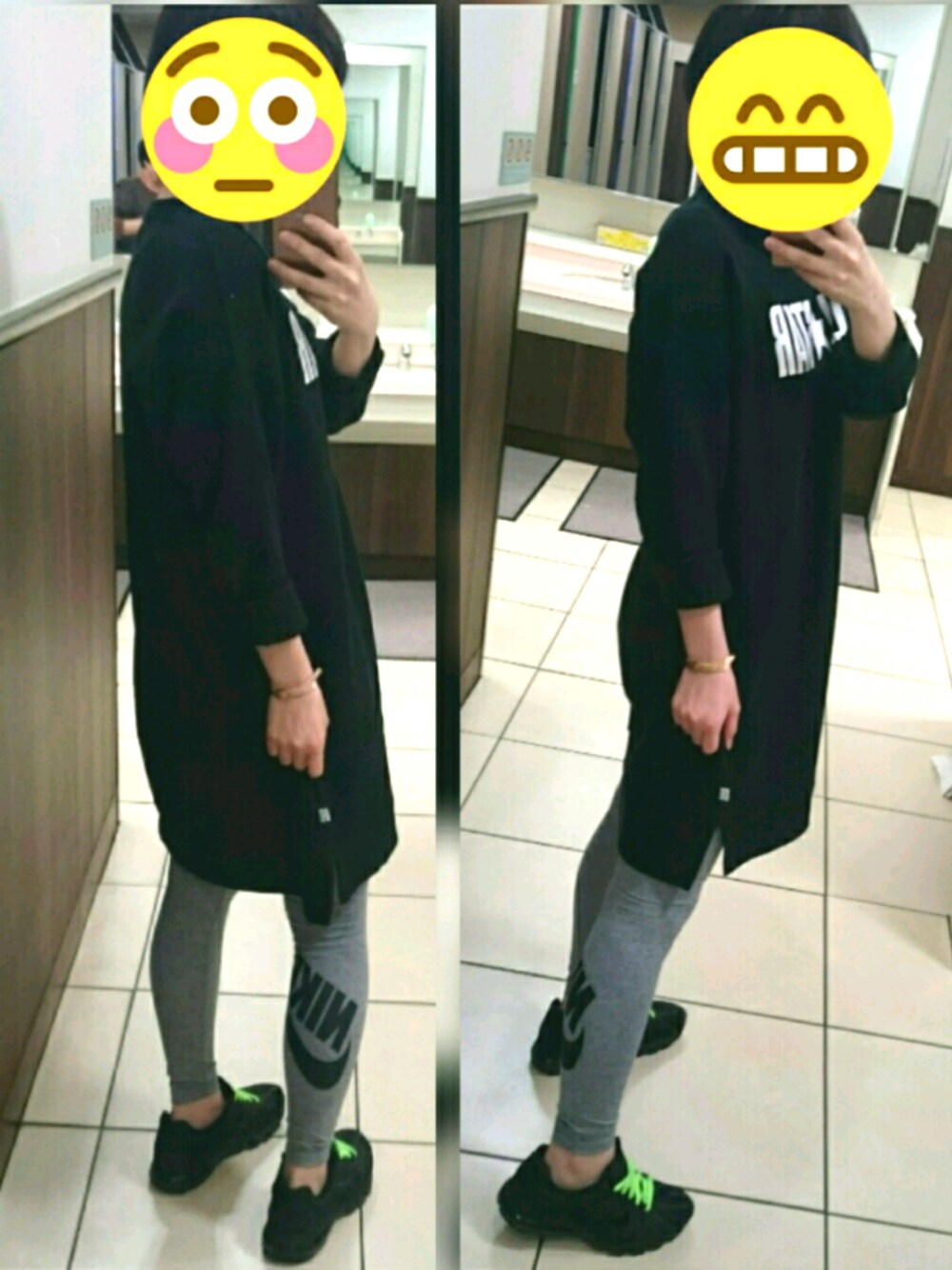 「カジュアル、スニーカー、NIKE、converse、ナイキ、コンバース、NIKE AIR MAX、スウェットワンピース」｜「NIKEの【NIKE】ﾅｲｷ ﾚｯｶﾞｼｰ ﾛｺﾞ（レギンス/スパッツ、グレー系）」を使った、よっかちゃんさん（レディース・159cm）の春コーディネートの1枚目の写真