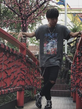 「LEGENDA（レジェンダ）のアイテム（Tシャツ/カットソー、ブラック系）」を使った、YU-KIさん（メンズ・167cm）の春コーディネート