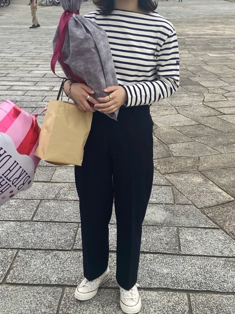 「セントジェームス、チャックテイラー、イネス、春コーデ、saint james、おしゃれさんと繋がりたい、ootd」｜「SAINT JAMESのアイテム（Tシャツ/カットソー、ホワイト系）」を使った、m.さん（レディース・159cm）の春コーディネートの1枚目の写真