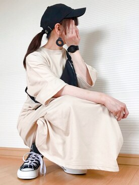 「Chaco closet（チャコ クローゼット）のバルーンスリーブ7分袖ポケット付きミニ裏毛Aラインスウェットワンピース（ワンピース）」を使った、sc___dyさん（レディース・155cm）の夏コーディネート