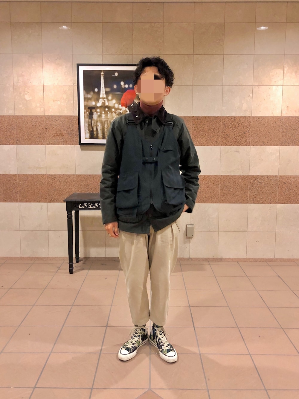 「今日のコーデ、春コーデ、バブアー、ブルーナボイン、ootd、snow peak、休日スタイル、コンバース、vintage、アウトドアスタイル」｜「Snow PeakのTAKIBI Vest（ベスト、ブラック系）」を使った、ヒロさん（メンズ・173cm）の春コーディネートの1枚目の写真