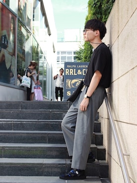 「my beautiful landlet（マイビューティフルランドレット）のアイテム（バッグ）」を使った、TaKu.さん（メンズ・168cm）の夏コーディネート
