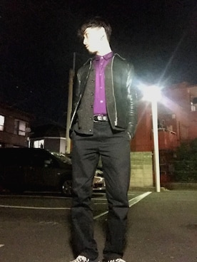 「WACKO MARIA（ワコマリア）のアイテム（ライダースジャケット）」を使った、渡邊 敬太さん（メンズ・173cm）の冬コーディネート