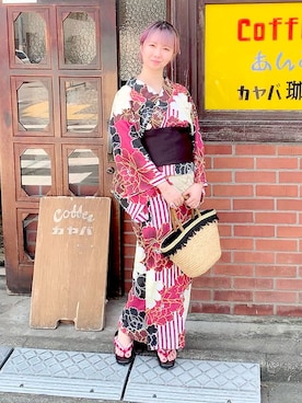 「カフェ」｜「アイテム（浴衣）」を使った、ななさん（レディース・160cm）の夏コーディネート