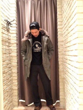 「HYSTERIC GLAMOUR（ヒステリックグラマー）のHYS WHISKY柄 刺繍キャップ（キャップ）」を使った、Mitachiさん（メンズ・185cm）の冬コーディネート