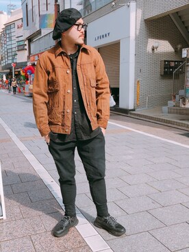 「OURET（オーレット）のアイテム（パンツ）」を使った、胸毛王子さん（メンズ・181cm）の冬コーディネート