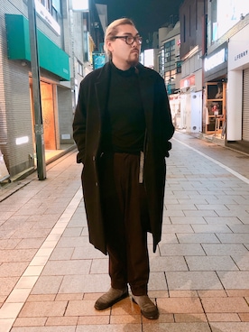 「ATTACHMENT（アタッチメント）の115/2 スピンプラチナスムース　タートルネックL/S（Tシャツ/カットソー）」を使った、胸毛王子さん（メンズ・181cm）の秋コーディネート