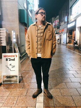 「OURET（オーレット）のアイテム（パンツ）」を使った、胸毛王子さん（メンズ・181cm）の冬コーディネート