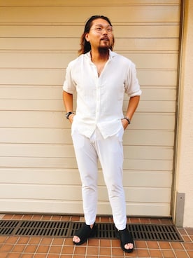 「ISAMU KATAYAMA BACKLASH（イサムカタヤマバックラッシュ）のアイテム（サンダル）」を使った、胸毛王子さん（メンズ・182cm）の夏コーディネート