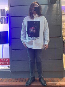「ISAMU KATAYAMA BACKLASH（イサムカタヤマバックラッシュ）のアイテム（ブーツ）」を使った、胸毛王子さん（メンズ・182cm）の冬コーディネート