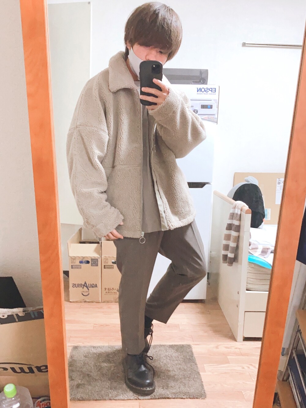 「休日スタイル、秋冬コーデ、シンプルスタイル、今日のコーデ、秋服、オーバーサイズ、ワントーンコーデ、秋のカフェオレコーデ、ブラウンコーデ、ブラウン」｜「Adoon plainの【Adoon plain】ボアコーチジャケット（その他アウター、ベージュ系）」を使った、yukkeさん（メンズ・163cm）の秋コーディネートの1枚目の写真