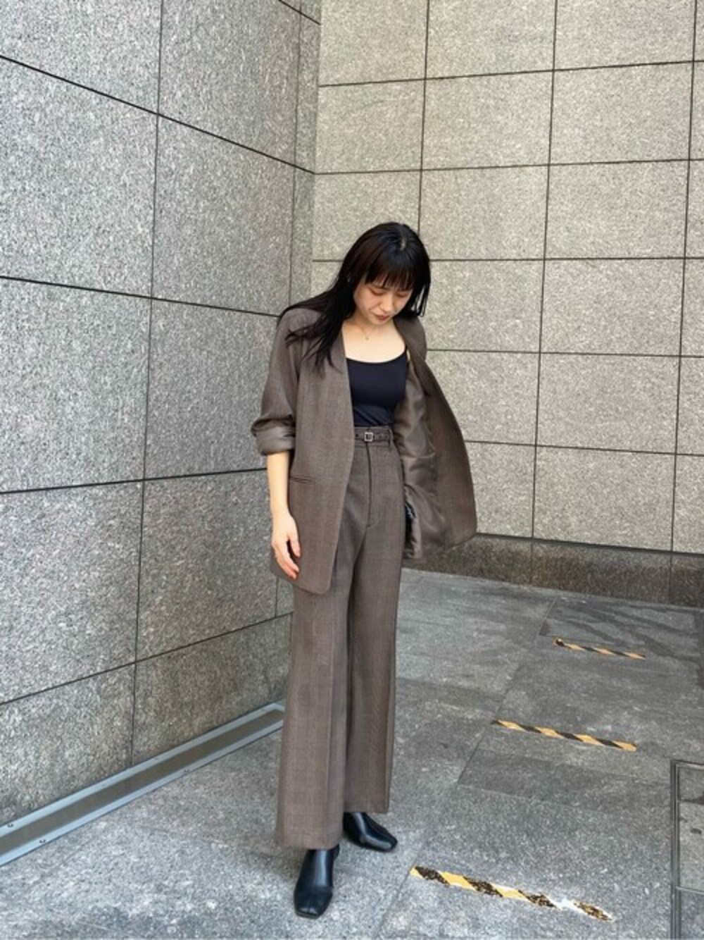 「パンツ、スタイリング、コーデ、スタイル、今日のコーデ」｜「PUBLIC TOKYOのグレンチェックノーカラージャケット（ノーカラージャケット、その他）」を使った、yukisugasawaさん（レディース・155cm）の秋コーディネートの1枚目の写真