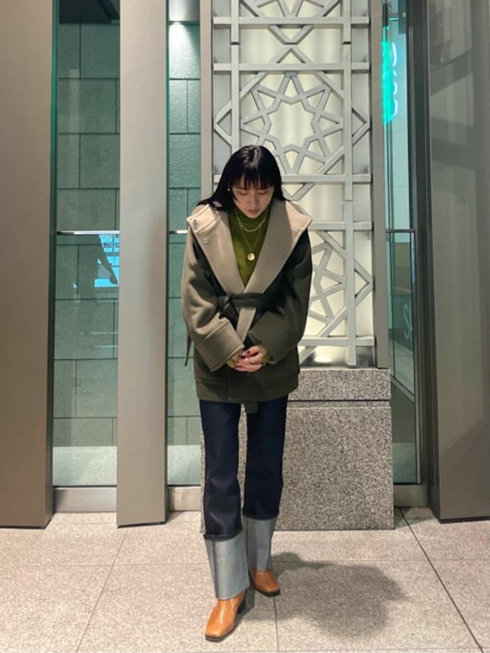 「無地、今日のコーデ、instalike、instaphoto、instalove」｜「PUBLIC TOKYOの【WEB限定】Miliorハイネックショートコート（ノーカラーコート、ブラウン系）」を使った、yukisugasawaさん（レディース・155cm）の秋コーディネートの1枚目の写真