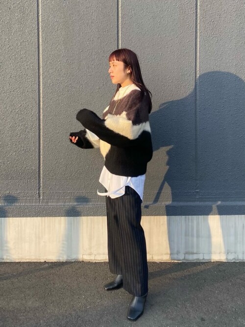 「スタイリング、コーデ、instalike、publictokyo、instaphoto」｜「PUBLIC TOKYOのダブルベルトウールワイドパンツ（その他パンツ、ブルー系）」を使った、yukisugasawaさん（レディース・155cm）の冬コーディネートの1枚目の写真