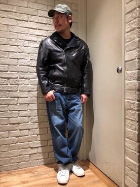 「バックプリント」｜「アイテム（ライダースジャケット）」を使った、hashikenさん（メンズ・172cm）の秋コーディネート