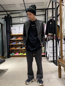 「L.H.P（エルエイチピー）のアイテム（ライダースジャケット）」を使った、Junya Kasugaさん（メンズ・170cm）の冬コーディネート