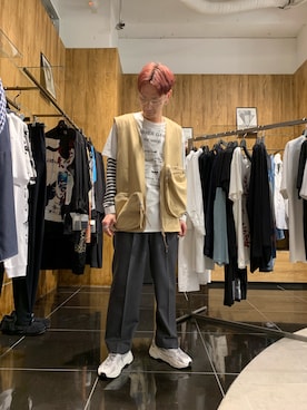 「WHITELAND（ホワイトランド）のWHITELAND/ホワイトランド/CARGO VEST（ベスト）」を使った、Junya Kasugaさん（メンズ・170cm）の春コーディネート