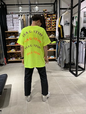 「F-LAGSTUF-F（フラグスタフ）のF-LAGSTUF-F/フラグスタッフ/SEMI CIRCLE LOGO TEE（Tシャツ/カットソー、イエロー系）」を使った、Junya Kasugaさん（メンズ・170cm）の夏コーディネート