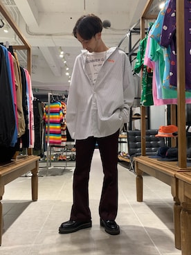 「WHITELAND（ホワイトランド）のWHITELAND/ホワイトランド/AL-FA STRIPE SHIRTS(シャツ)（シャツ/ブラウス、ホワイト系）」を使った、Junya Kasugaさん（メンズ・170cm）の夏コーディネート