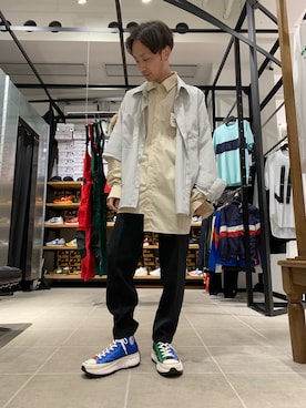 「DANKE SCHON（ダンケシェーン）のDankeSchon/ダンケシェーン/レイヤードシャツ（シャツ/ブラウス、ベージュ系）」を使った、Junya Kasugaさん（メンズ・170cm）の夏コーディネート