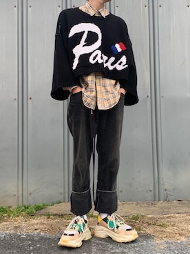 「BALENCIAGA（バレンシアガ）のBalenciaga Triple S Mesh, Nubuck And Leather Sneakers（スニーカー）」を使った、ぶー。さん（メンズ・178cm）の冬コーディネート